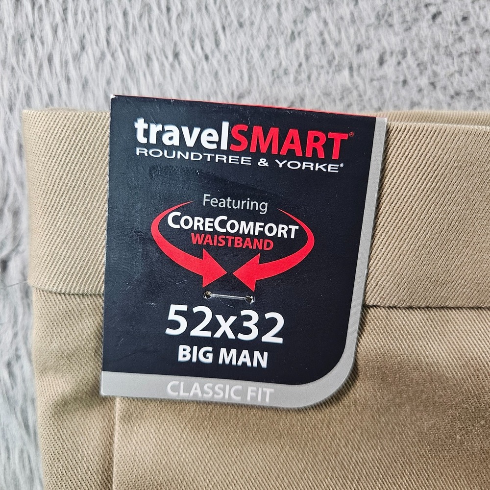 NEW Roundtree & Yorke Travel Smart Chino Pants Men 52 x 32 Flat Front‎ Khaki